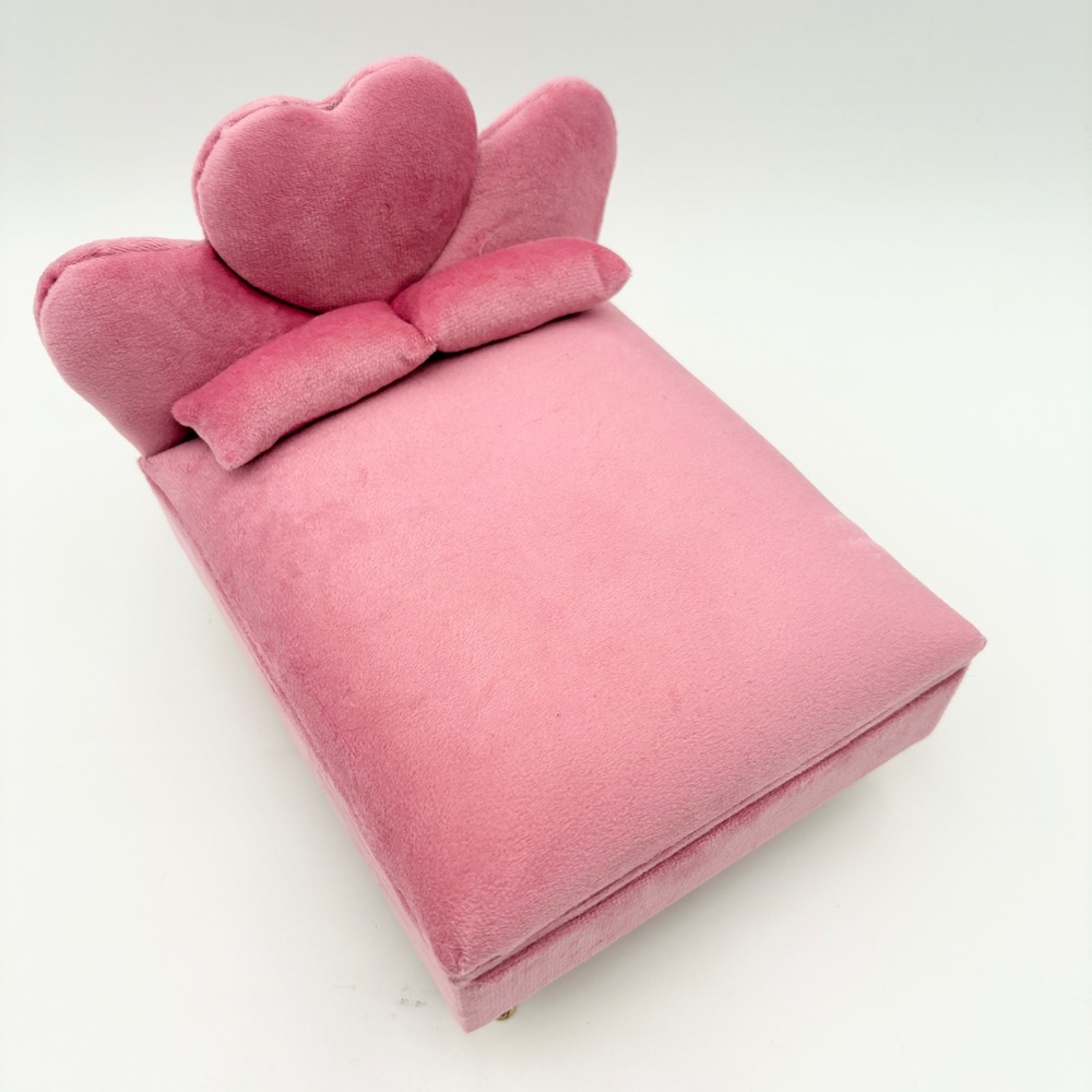 Pink Velvet Bed Jewelry Box Heart Headboard Mirror Ring Storage Gold Legs